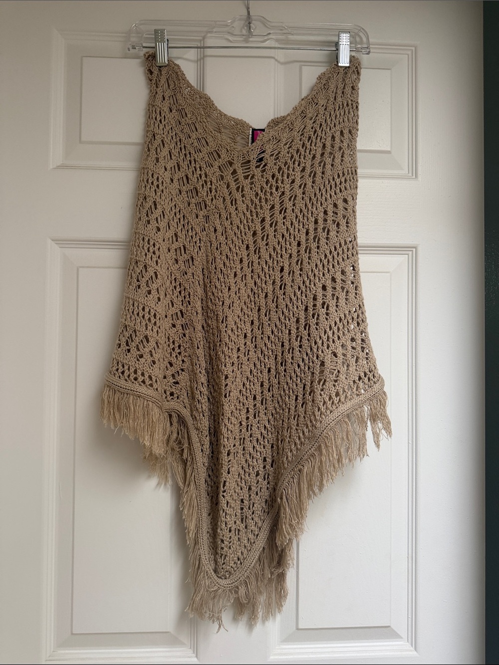 Women's Crochet Fringe Poncho Sweater in Beige